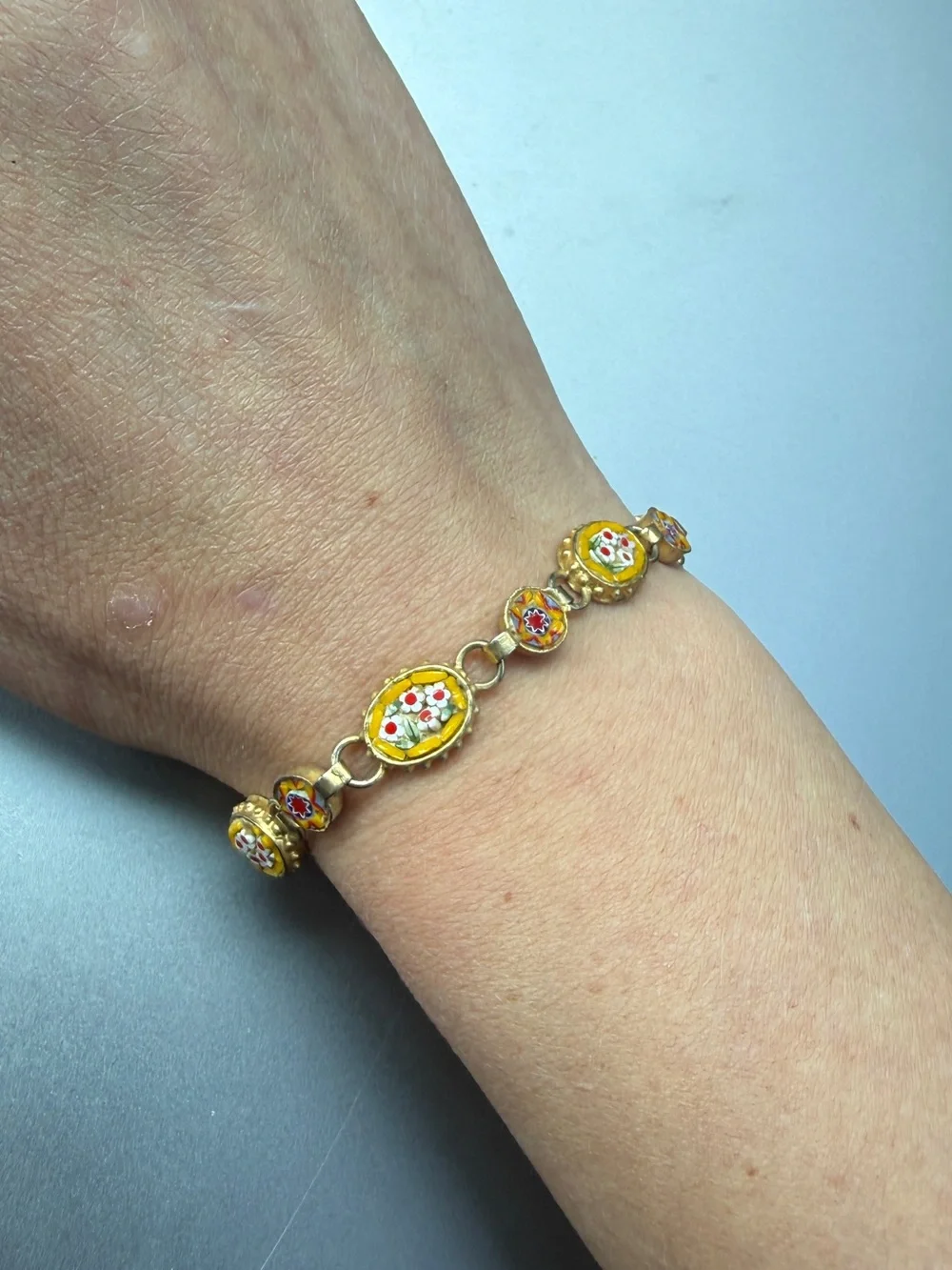 Vintage Italian Micro Mosaic Floral Link Bracelet – Yellow Millefiori Brass